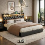 Lit capitonn� 180x200 cm, lit double avec rangement et sommier � lattes, lit coffre avec led et usb, ...