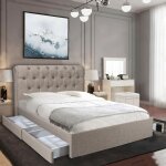 Le quai des affaires - lit chelsea 140x190 + 4 tiroirs + sommier / beige / 208x155x116 cm