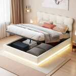 Lit coffre 140 x 200 cm, lit double avec led, lit adulte avec levier hydraulique, t�te de lit capitonn�, ...