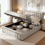 Lit coffre 140 x 200cm, lit hydraulique, lit double avec fonction de rangement, t�te de lit en velours, ...