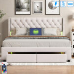 Lit coffre 140x190 cm avec 2 tiroirs - �clairage led et charge usb - sommier � lattes en bois - poches ...