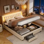 Lit coffre 140x190 cm, lit double avec 2 tiroirs et �clairage led, cadre de lit 2 places avec sommier ...