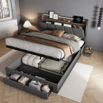 Lit coffre 140x190 cm, lit double 140x190 avec led et usb, lit hydraulique avec tiroirs, t�te de lit ...