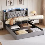 Lit coffre 140x190 cm, lit double 140x190 cm en velours, avec sommier � lattes, t�te de lit led lumineuse, ...