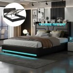 Lit coffre 140x190 cm avec �clairage led r�glable, port usb, sommier � lattes, pu, rangement hydraulique, ...
