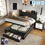Lit coffre 140x190 cm - avec led et usb tpye c - t�te de lit est pliable - rangement hydraulique et 2 ...