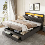 Lit coffre 140x190 cm avec lumi�res led - 2 tiroirs - t�te de lit r�glable - rangement hydraulique - ...