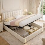 Lit coffre 140x190 cm avec lumi�re led � capteur automatique, lit capitonn� double avec rangement, fonction ...