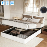 Lit coffre 140x190 cm avec sommier, t�te de lit rembourr�e avec chargement usb type - c, 2 personnes, ...