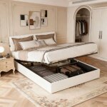 Lit coffre 140x190 - pocketpop - velours teddy blanc laiteux - t�te de lit r�glable - cadre de lit avec ...