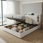 Lit coffre 140x190 avec sommier, lit double capitonn� avec led et charge sans fil & usb, t�te de lit ...