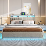 Lit coffre 140x190 avec sommier et led rgb, lit double avec t�te de lit de rangement et ports usb / type ...