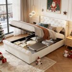 Lit coffre 140x190 avec sommier, pocketpop, lit 140x190 avec rangement, lampe de chevet, velours, beige ...