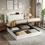 Lit coffre 140x200 cm avec �clairage led et prise usb, lit double hydraulique avec �tag�res ouvertes ...