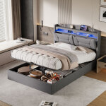 Lit coffre 140x200 cm, lit hydraulique avec led et usb tpye c - rangement de chevet, lit 2 personnes ...