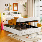 Lit coffre 140x200 cm avec sommier � lattes, t�te de lit rembourr� avec led multicolores et charge usb, ...