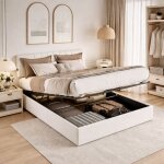 Lit coffre 140x200 avec sommier � lattes et 2 usb, lit double capitonn� 140x200 avec t�te de lit r�glable ...