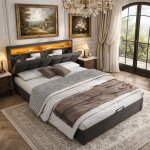 Lit coffre 140x200 avec sommier led et usb, lit double avec rangement hydraulique, lit 2 personnes pour ...