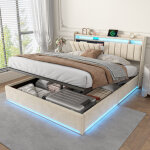 Lit coffre 160 x 200 cm, lit hydraulique avec �tag�res ouvertes et rangement cach� en t�te de lit capitonn�, ...