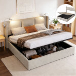 Lit coffre 160 x 200 cm avec lampe de lecture et chargement usb, lit double avec rangement, sommier � ...