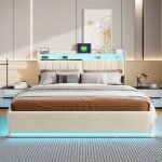 Lit coffre 160 x 200 cm avec sommier hydraulique, t�te de lit avec rangement et led rgb, velours, beige ...