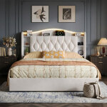 Lit coffre 160x190 cm avec �clairage led et prise usb, lit double hydraulique avec �tag�res ouvertes ...