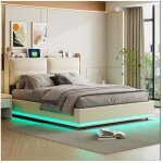 Lit coffre 160x200 cm - adwolt - beige - led - chargeur sans fil - tissu velours