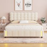 Lit coffre 160x200 cm - adwolt - beige - rangement int�gr� - �clairage led - t�te de lit ergonomique