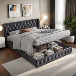 Lit coffre 160x200 cm, lit double capitonn� en velours gris fonc�, lit adulte avec rangement hydraulique, ...