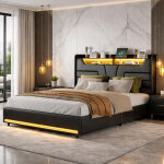 Lit coffre 160x200 cm avec �clairage led et charge usb, lit double capitonn� avec rangement et tete de ...