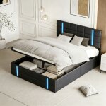 Lit coffre 160x200 cm avec rangement ? cuir pu noir ? t�te de lit avec led r�glables ? chargement usb ...