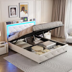 Lit coffre 160x200 cm avec sommier led et usb, lit double capitonn� avec rangement hydraulique et t�te ...