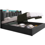 Lit coffre 160x200 cm avec t�te de lit rangement et prises tissu gris