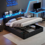 Lit coffre 160x200, lit 160x200, lit double capitonn�, lit adulte, avec sommier, led r�glable et chargement ...