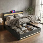 Lit coffre 160x200 avec sommier, lit double capitonn� avec �clairage led rgb et chargeur sans fil & port ...