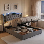 Lit coffre 160x200 avec sommier, lit double capitonn� avec led et charge sans fil & usb, t�te de lit ...