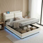 Lit coffre 160x200 avec sommier, �clairage led et ports usb / type - c, lit double capitonn� avec hydraulique, ...