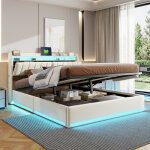 Lit coffre 160x200 avec t�te de lit rangement rabattable, avec led et ports usb, lits 2 personnes avec ...