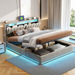 Lit coffre 160x200 avec t�te de lit rangement rabattable, avec led et ports usb, lits 2 personnes avec ...