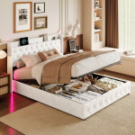 Lit coffre 160x200cm, lit double avec sommier led et usb, lit adulte avec syst�me hydraulique, t�te de ...