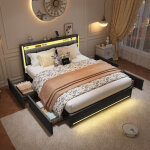 Lit coffre 160x200cm avec �clairage led et port usb, lits 2 personnes avec 4 tiroir, lit capitonn� avec ...