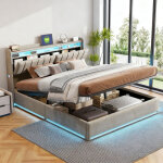 Lit coffre 160x200cm, lit hydraulique, lit rembourr� adulte avec �tag�res ouvertes et rangement cach� ...