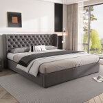 Lit coffre 180�200 cm, lit double avec rangement et t�te de lit capitonn�e, sans matelas, velours, gris ...