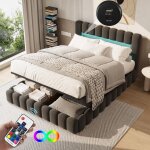 Lit coffre 180x200 cm pour chambre adulte - lit double capitonn� avec rangement en t�te de lit, led et ...