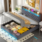 Lit coffre 180x200 cm, lit avec rangement, t�te de lit avec 2 prises �lectriques et 2 ports usb, led, ...