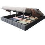 Lit coffre 180x200 cm rembourr� en tissu lin gris, cadre m�tal, sans t�te de lit, led multicolore