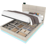 Lit coffre 180x200 cm avec sommier relevable hydraulique en velours beige