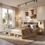 Lit coffre 180x200 cm, avec tables de chevet et ports usb et type - c, avec liseuses, en bois, ch�ne ...