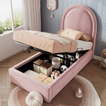 Lit coffre 90�190 cm, lit simple avec coffre et sommier relevable, sans matelas, en velours, rose