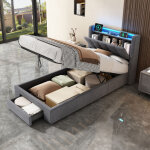 Lit coffre 90x190 cm - lit enfant avec coffre, led, boxspring, tiroirs et prises - gris - sans matelas ...